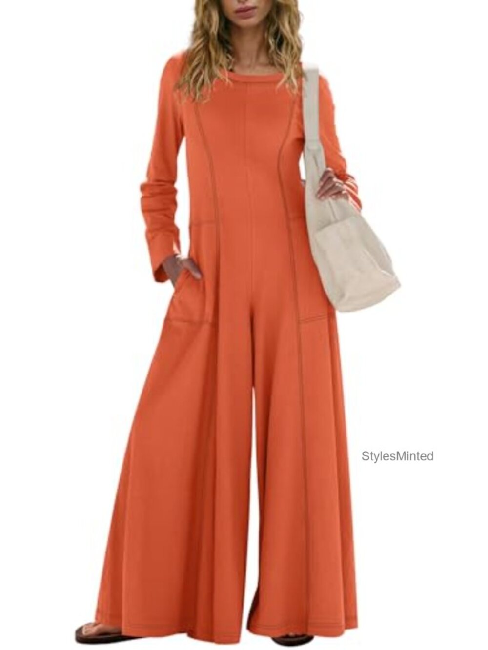 Womens Long Sleeve Wide Leg Jumpsuit Casual Loose Fit One Piece with Pockets